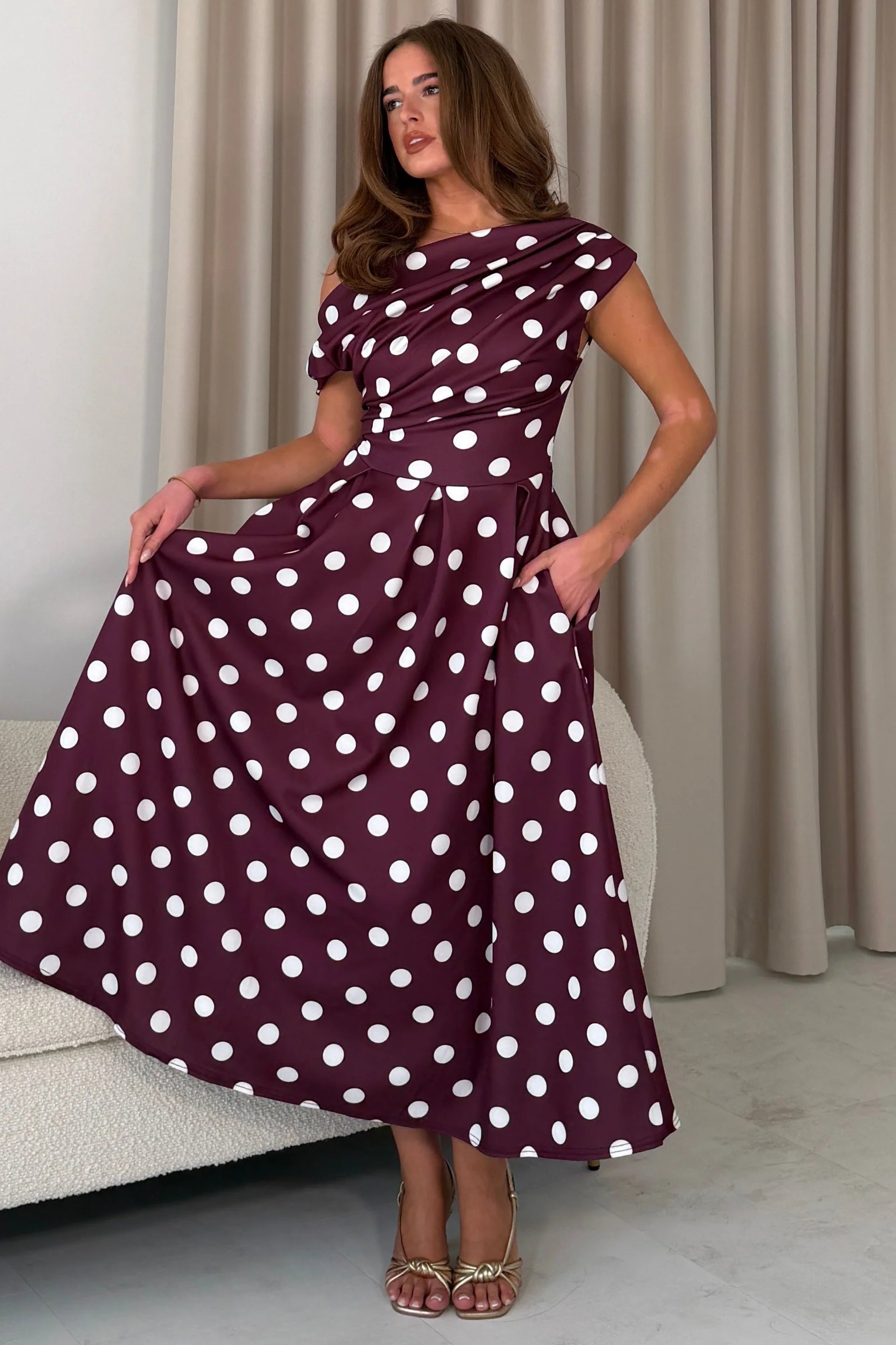 Girl In Mind Betty Burgundy Polka Dot Bardot Midi Dress