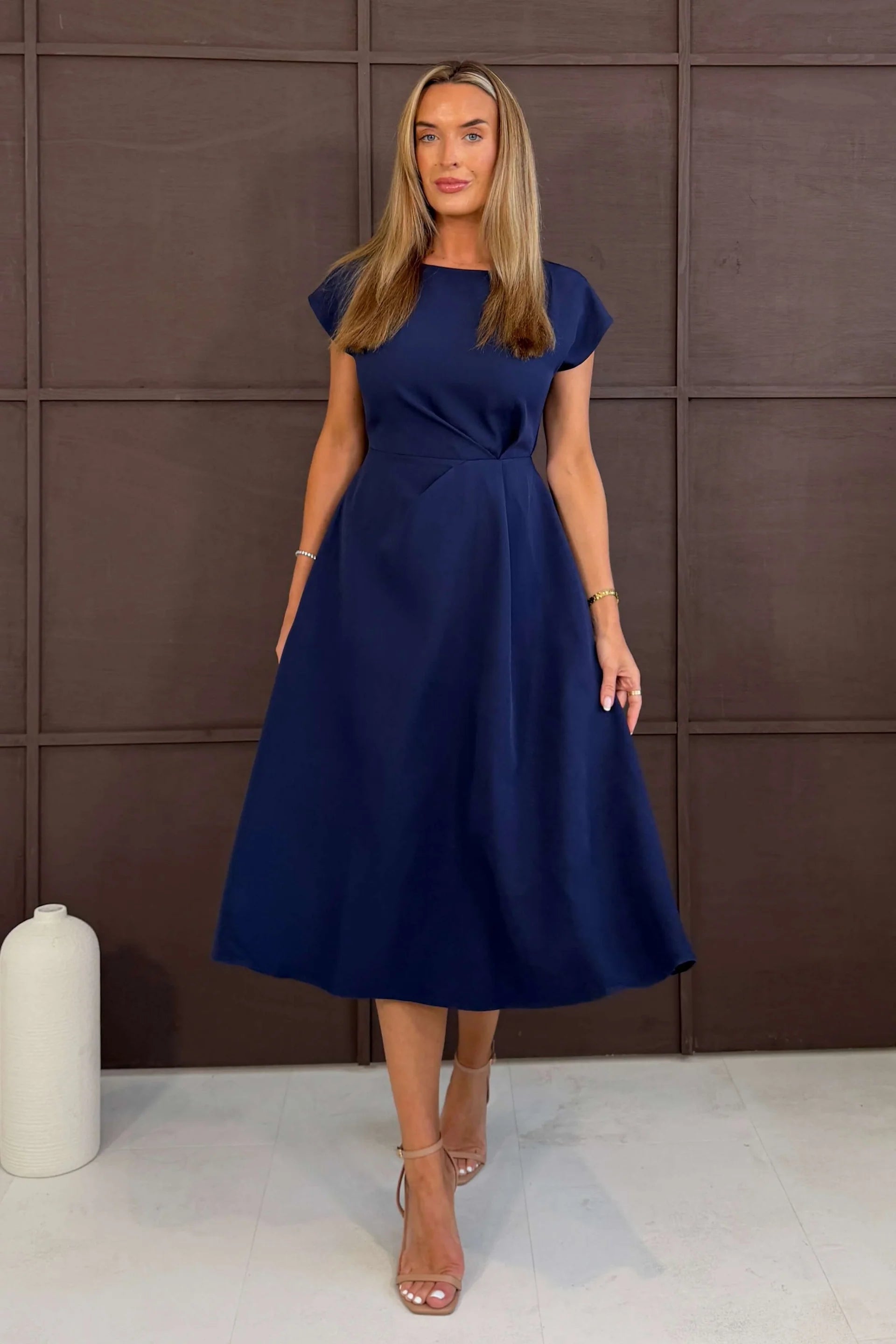 Girl In Mind Leni Navy Satin A-Line Midi Dress