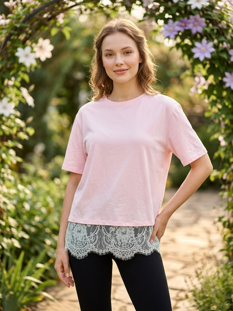 Kennedy Tee – Cotton Lace Hem T-Shirt In Pink