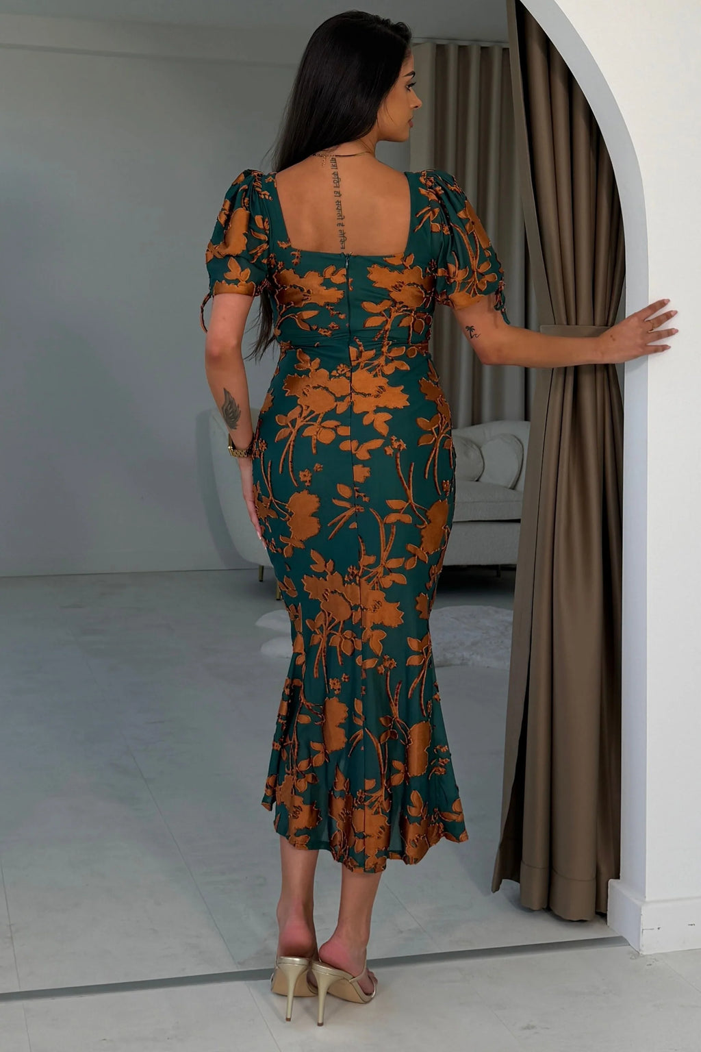 Girl In Mind Dove Green & Rust Floral Ruched Midi Dress