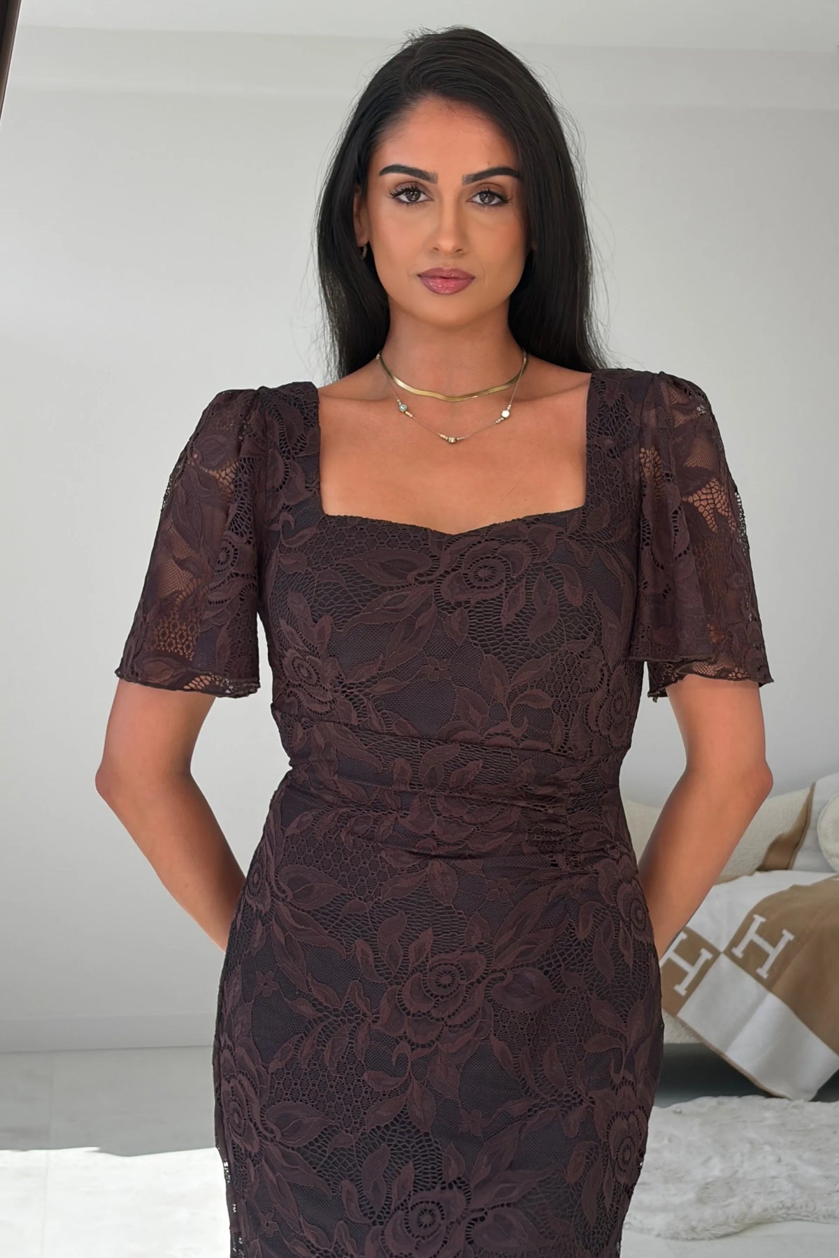 Heidi Girl in Mind Brown Lace Midi Dress