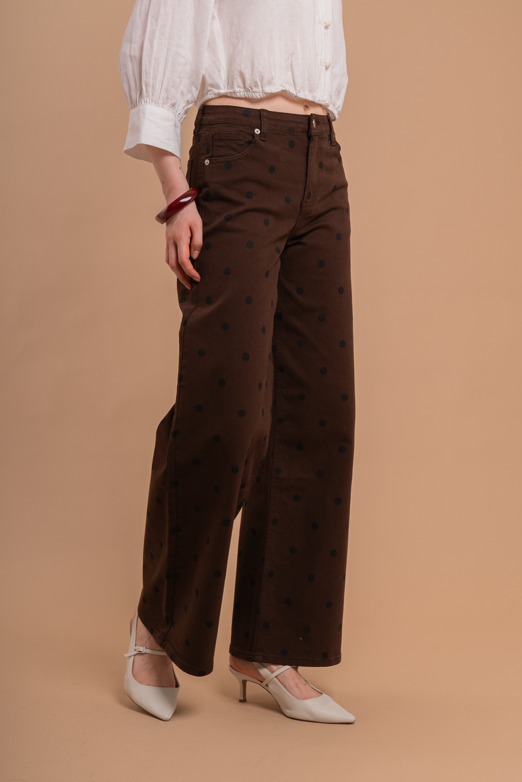 CAOIMHE Brown Polka Dot Wide-Leg Jeans