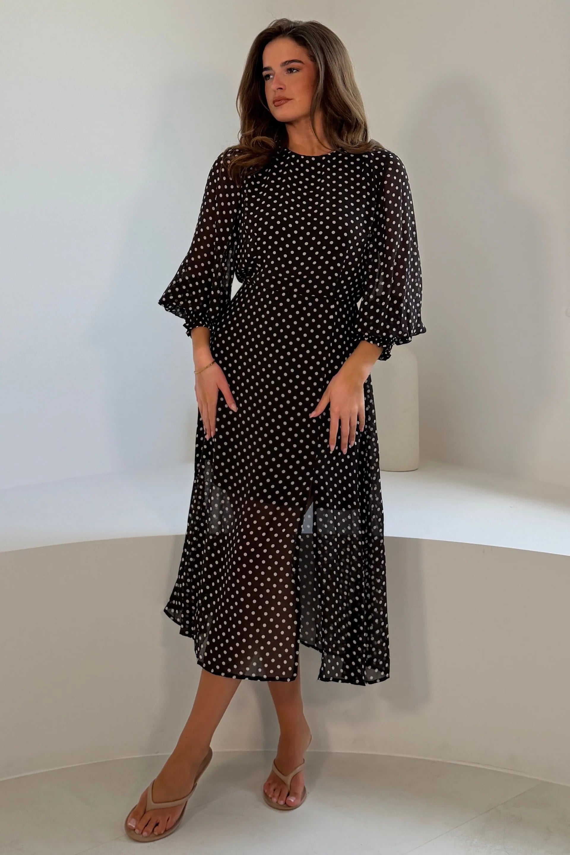 Girl In Mind Oraya Brown & White Polka Dot Chiffon Midi Dress