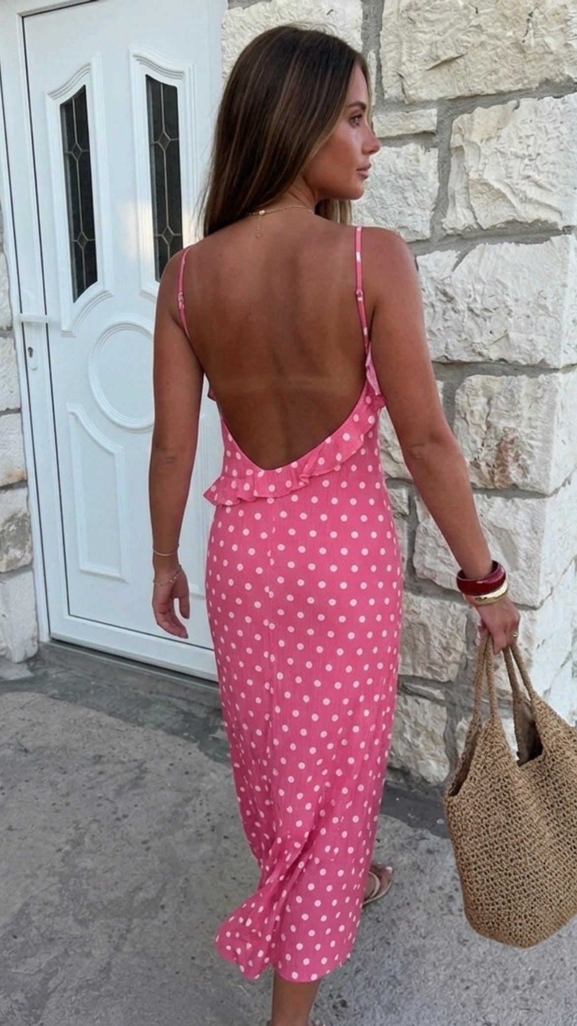 Emer Pink Polka Dot Midi Dress