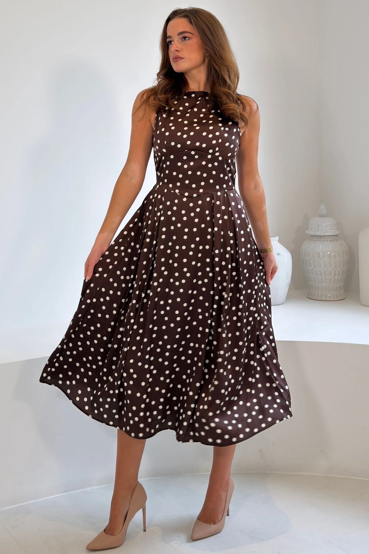 Mirelle Girl in Mind Brown Polka Dot Midi Dress