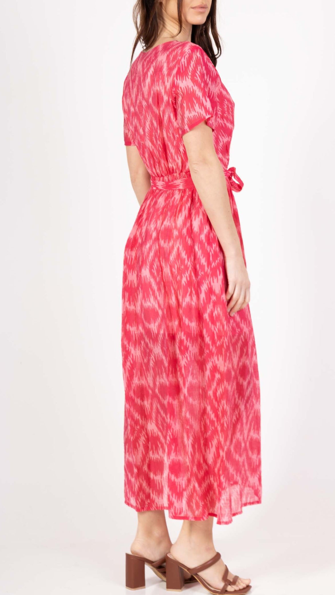 Cathy Pink Ikat Print Wrap Midi Dress