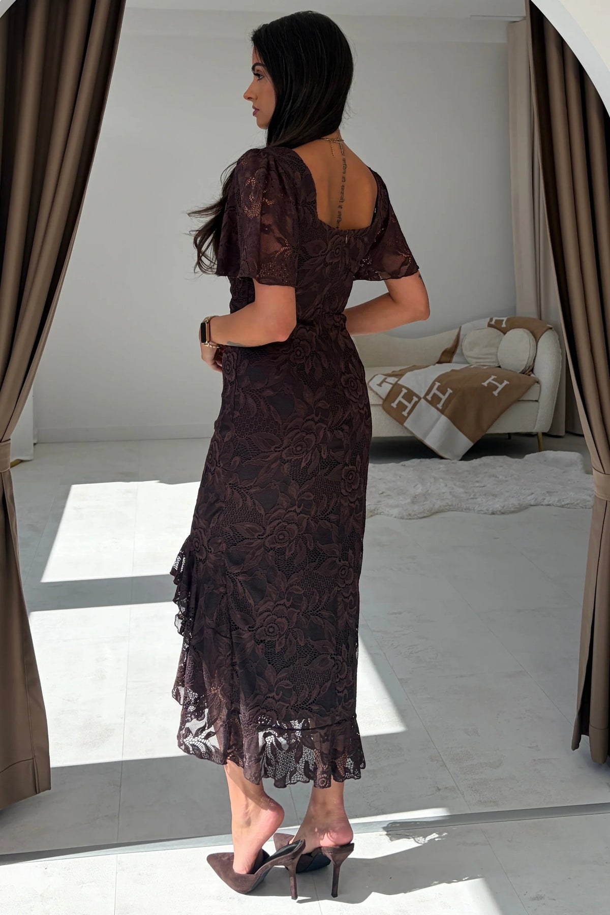Heidi Girl in Mind Brown Lace Midi Dress