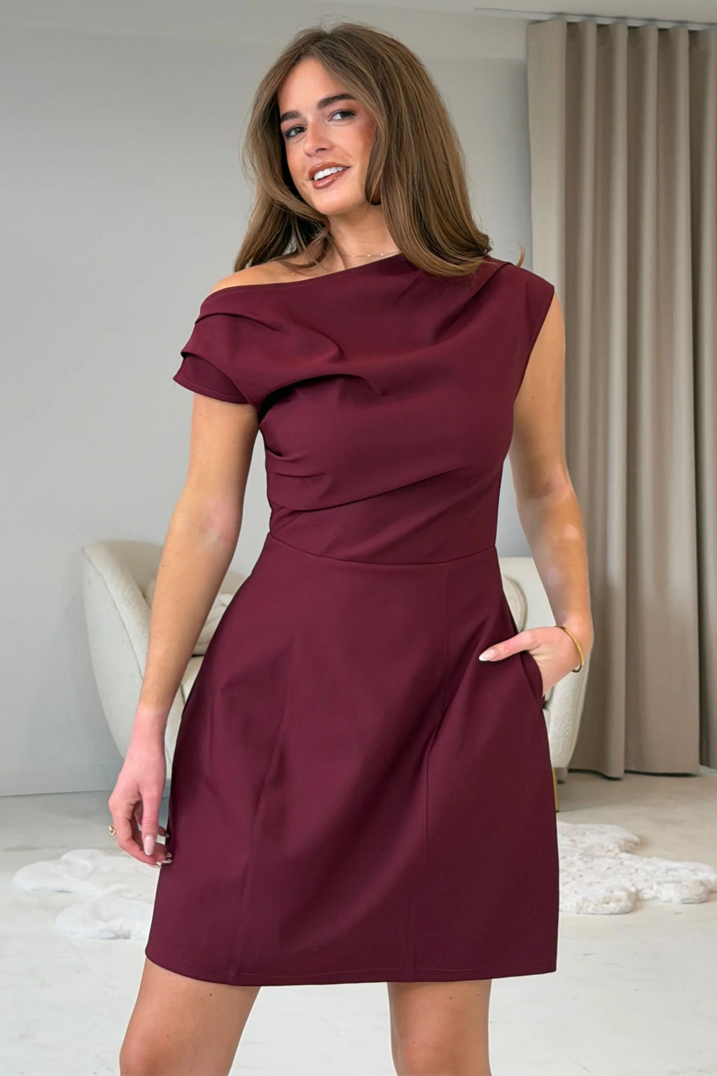 Millie Girl in Mind Wine One Shoulder Mini Dress