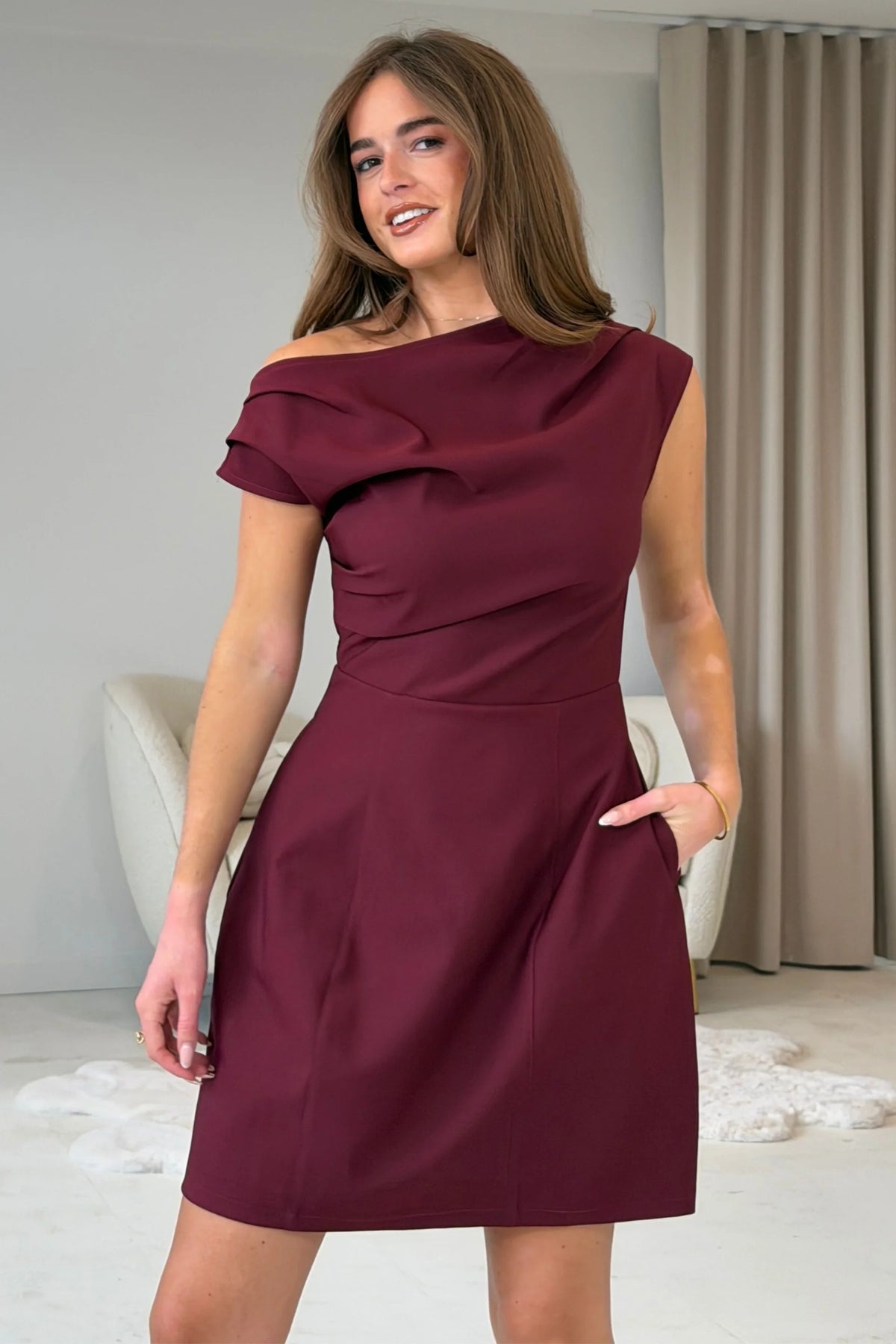 Millie Girl in Mind Wine One Shoulder Mini Dress