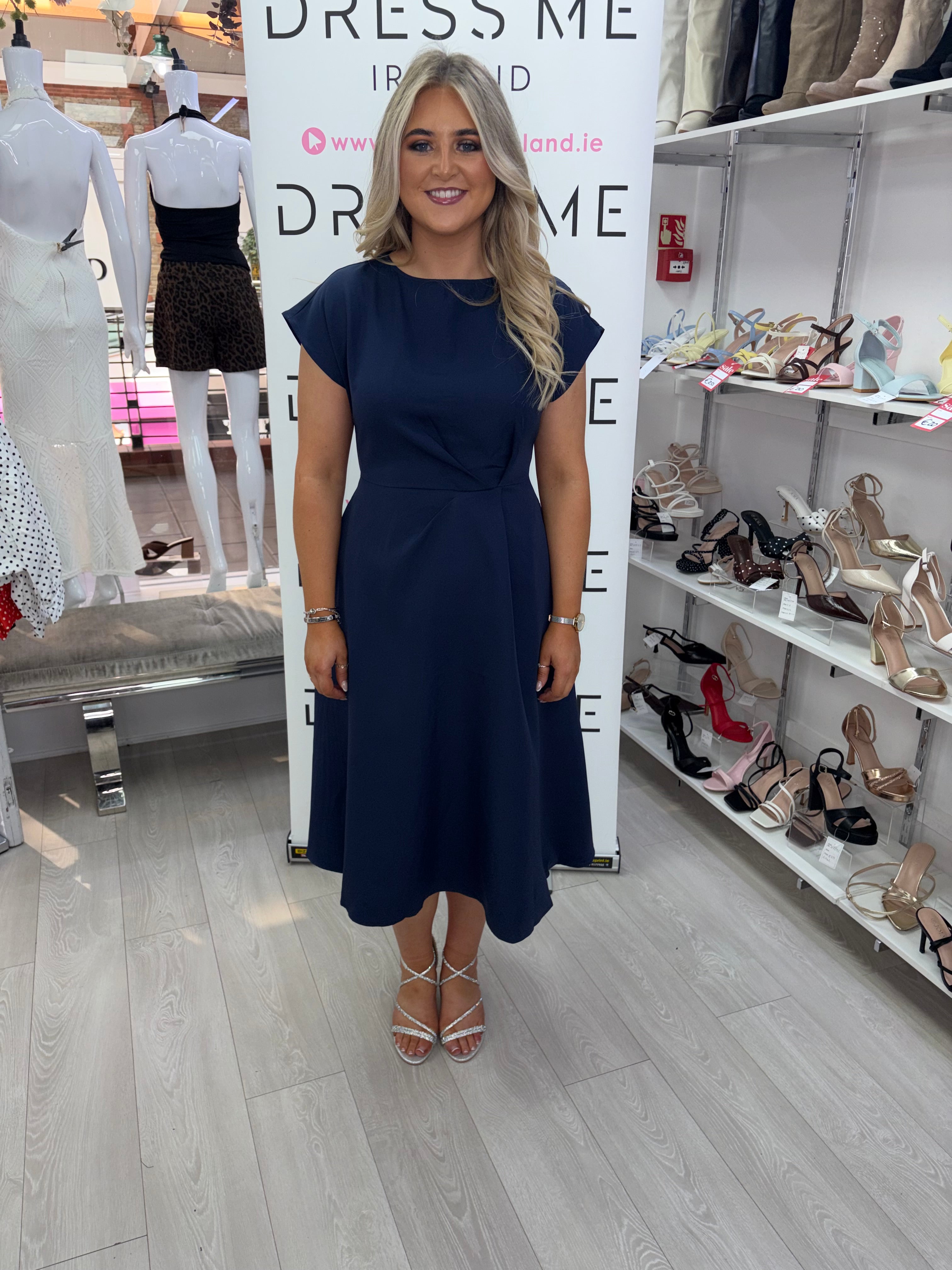 Girl In Mind Leni Navy Satin A-Line Midi Dress