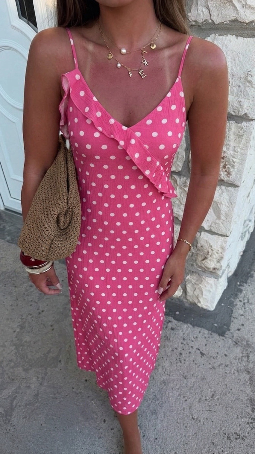 Emer Pink Polka Dot Midi Dress