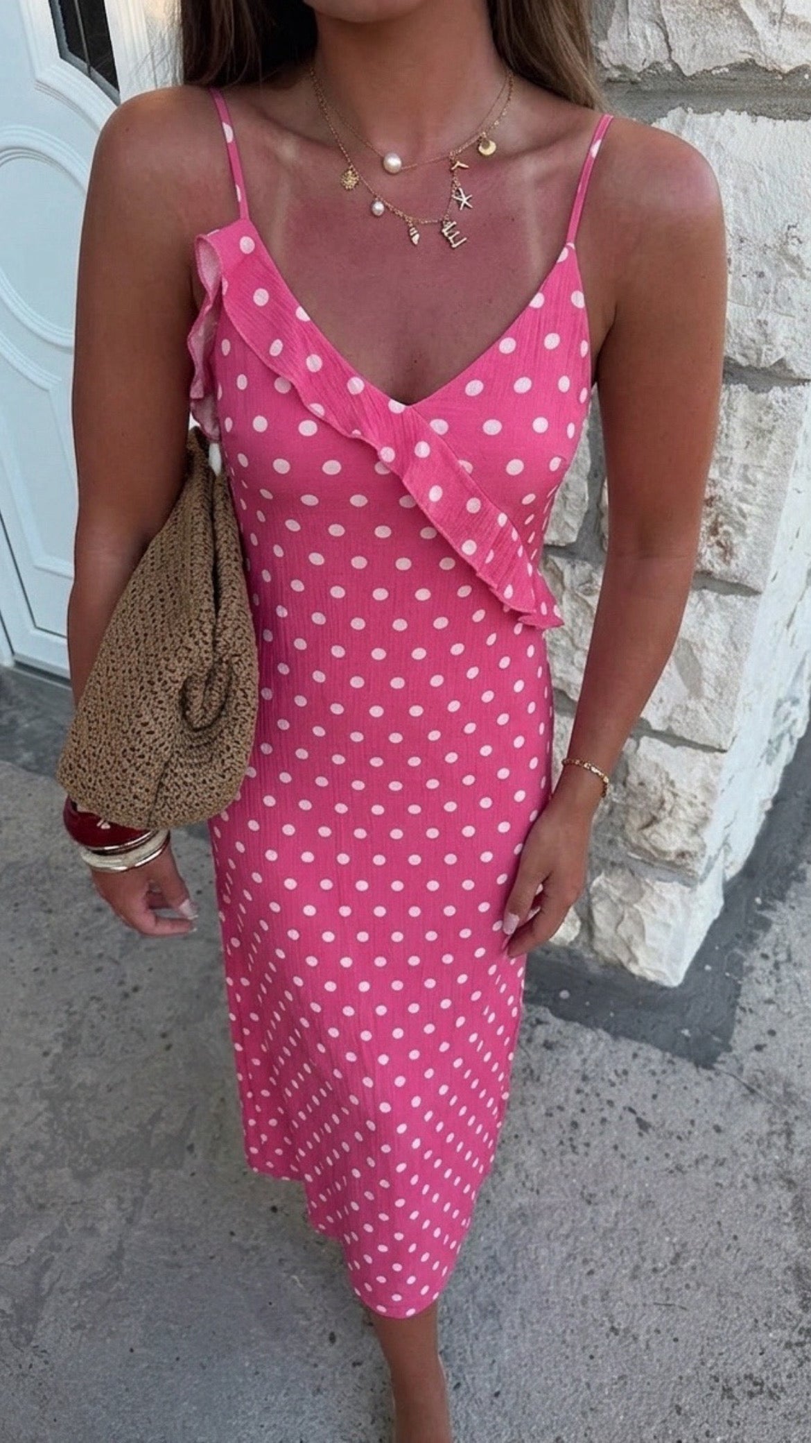 Emer Pink Polka Dot Midi Dress