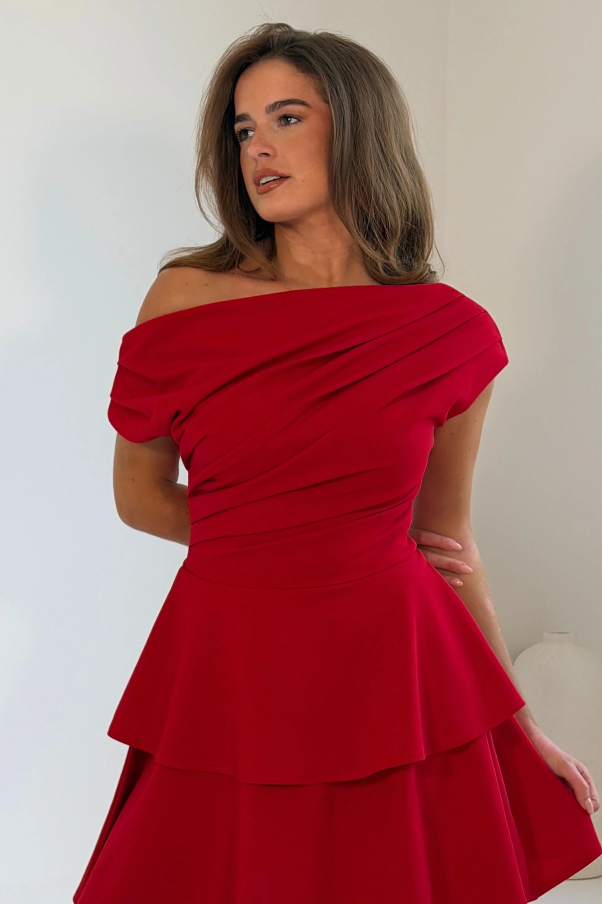 Girl In Mind Pippa Red Bardot Tiered Mini Dress