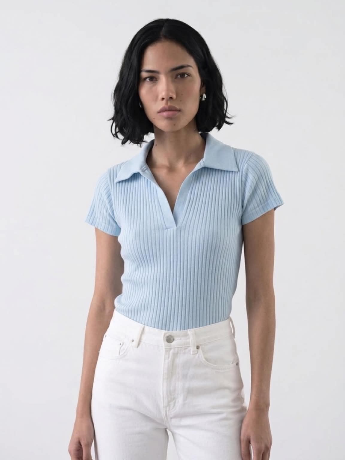 Holly Ribbed Polo Knit Top - Blue