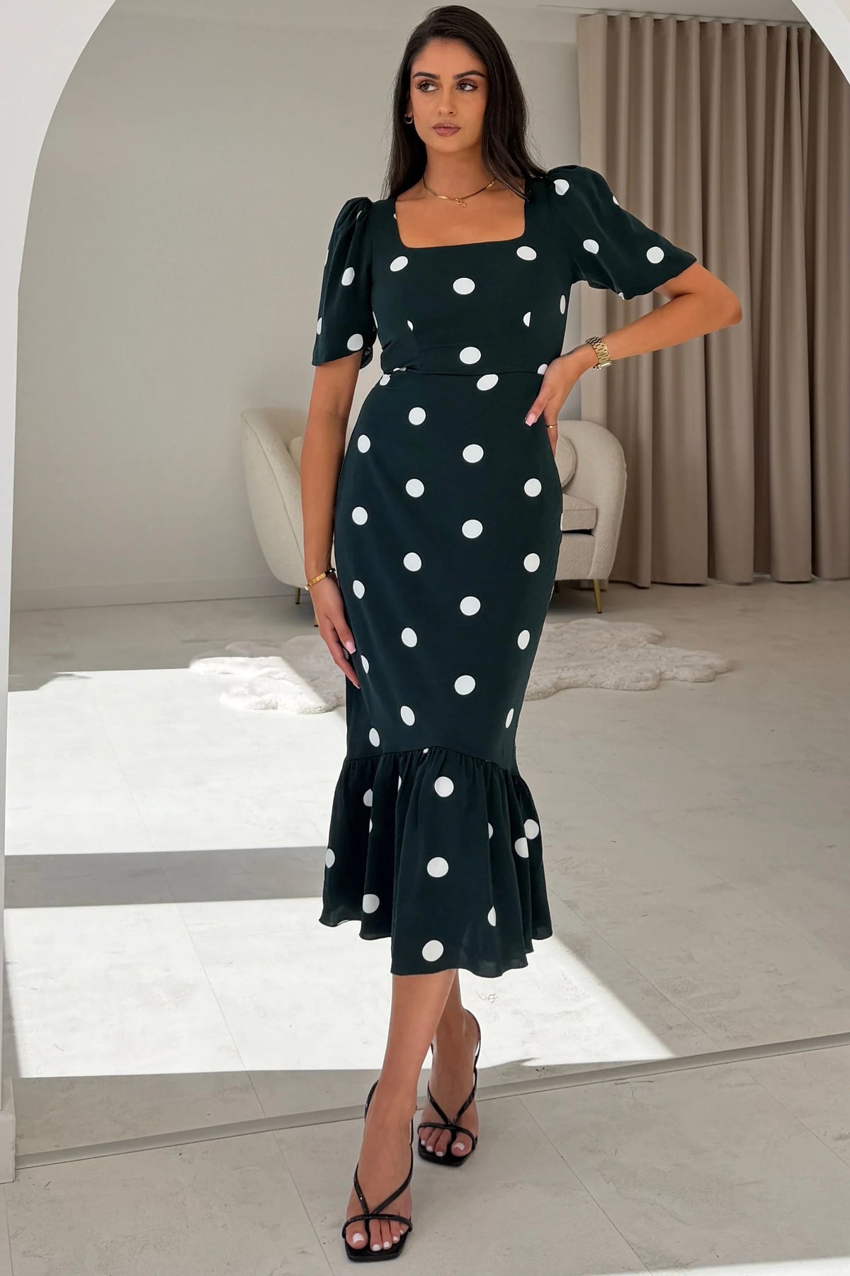 Jennifer Girl in Mind Green & White Polka Dot Midi Dress