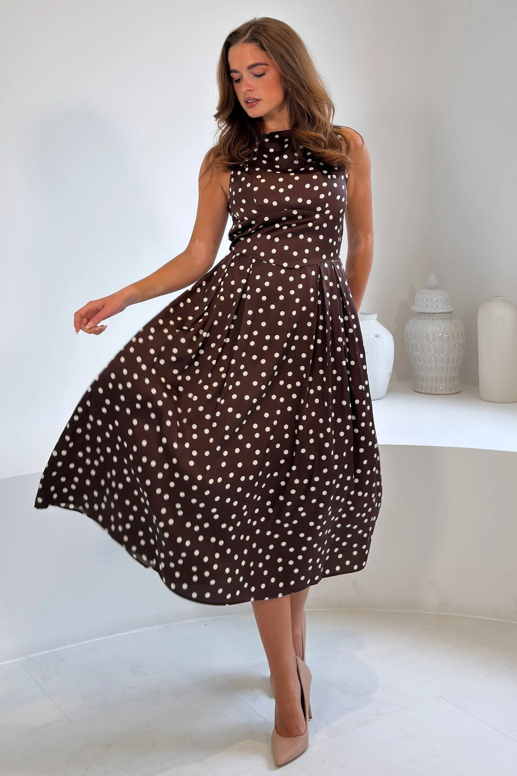 Mirelle Girl in Mind Brown Polka Dot Midi Dress