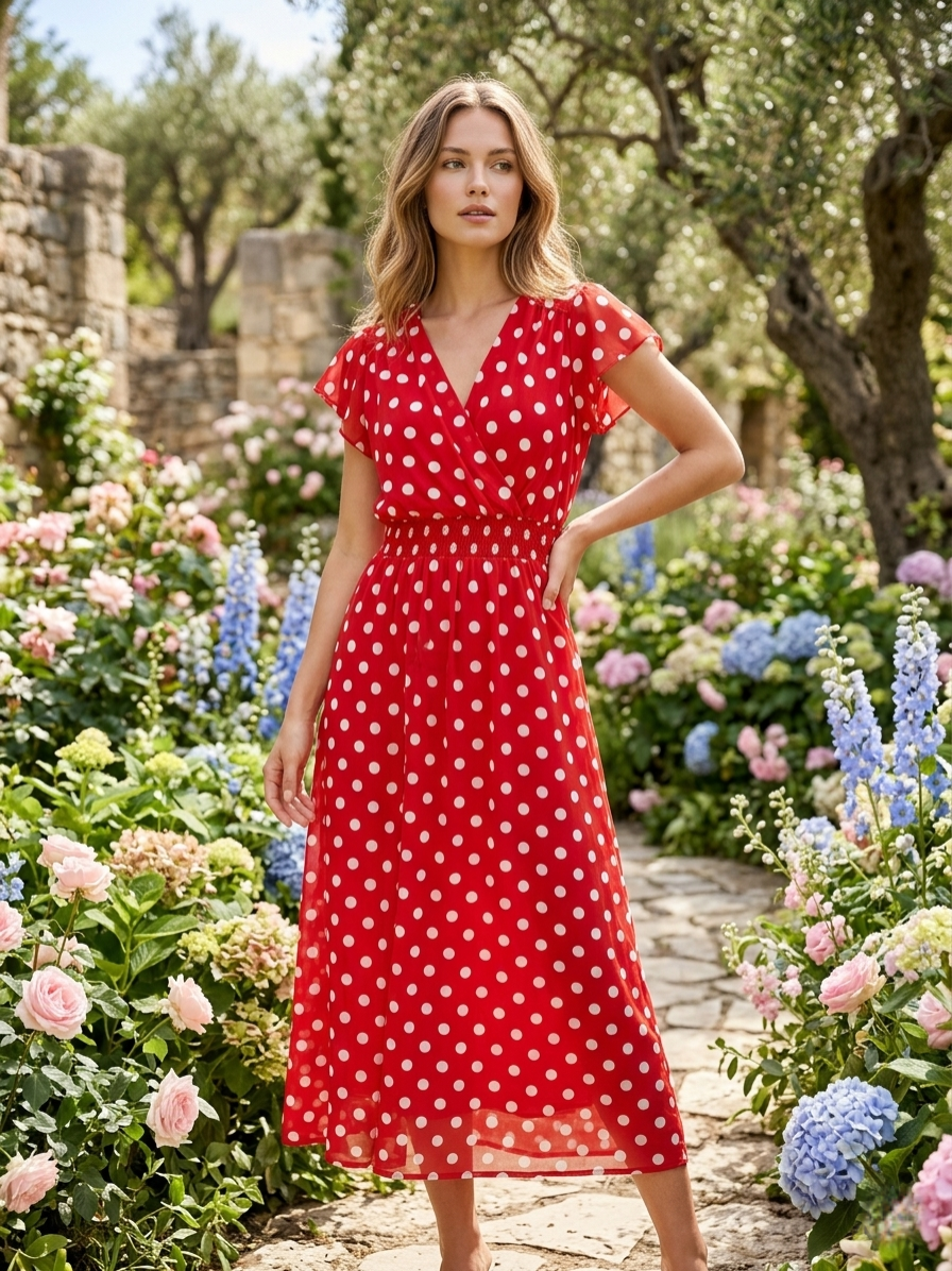 Aura Dress – Red Polka Dot Midi Dress