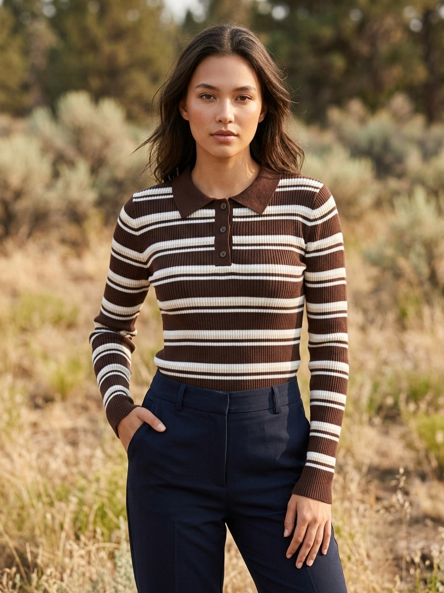 Sienna Striped Ribbed Polo Knit - Brown