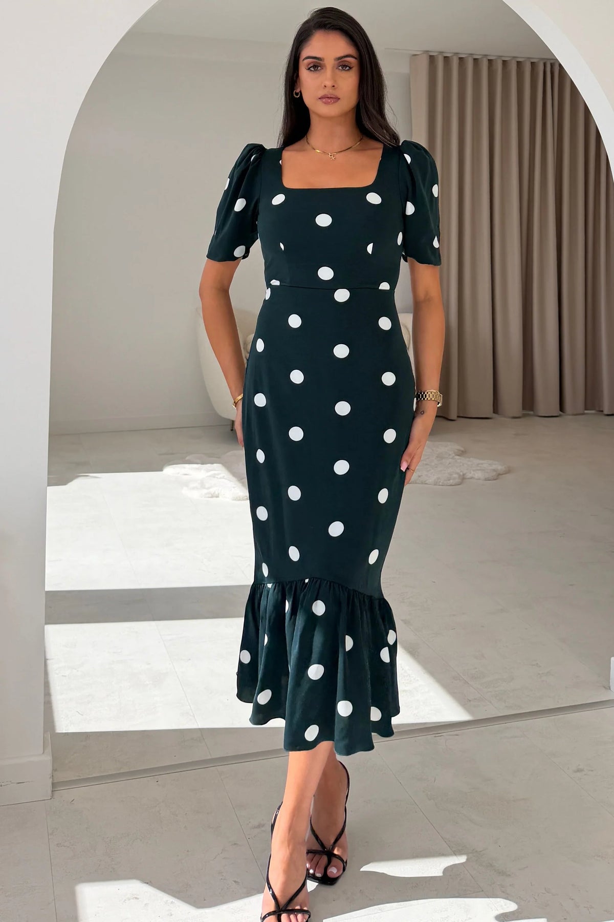 Jennifer Girl in Mind Green & White Polka Dot Midi Dress