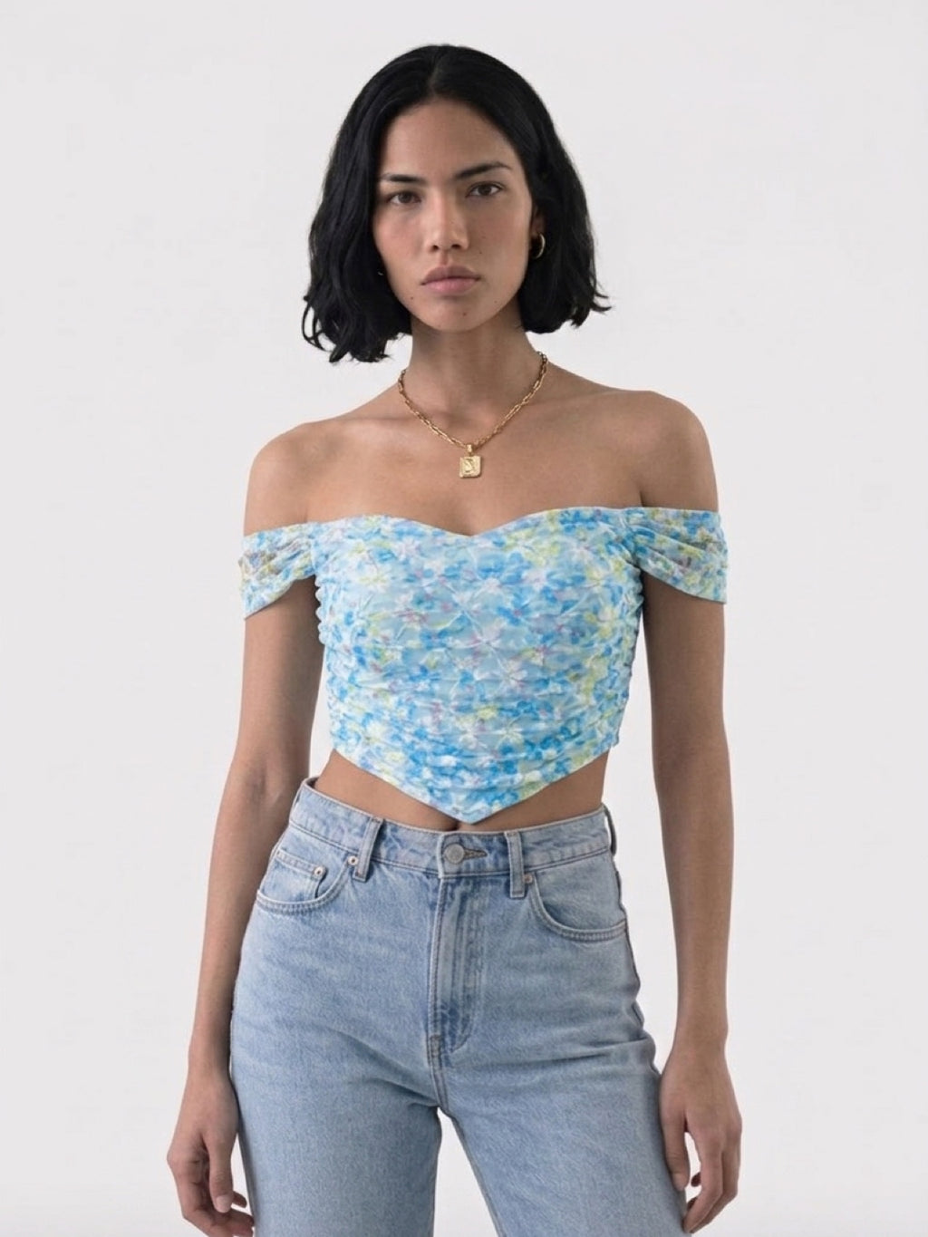 Laura Ruched Floral Bardot Top - Blue