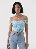 Laura Ruched Floral Bardot Top - Blue