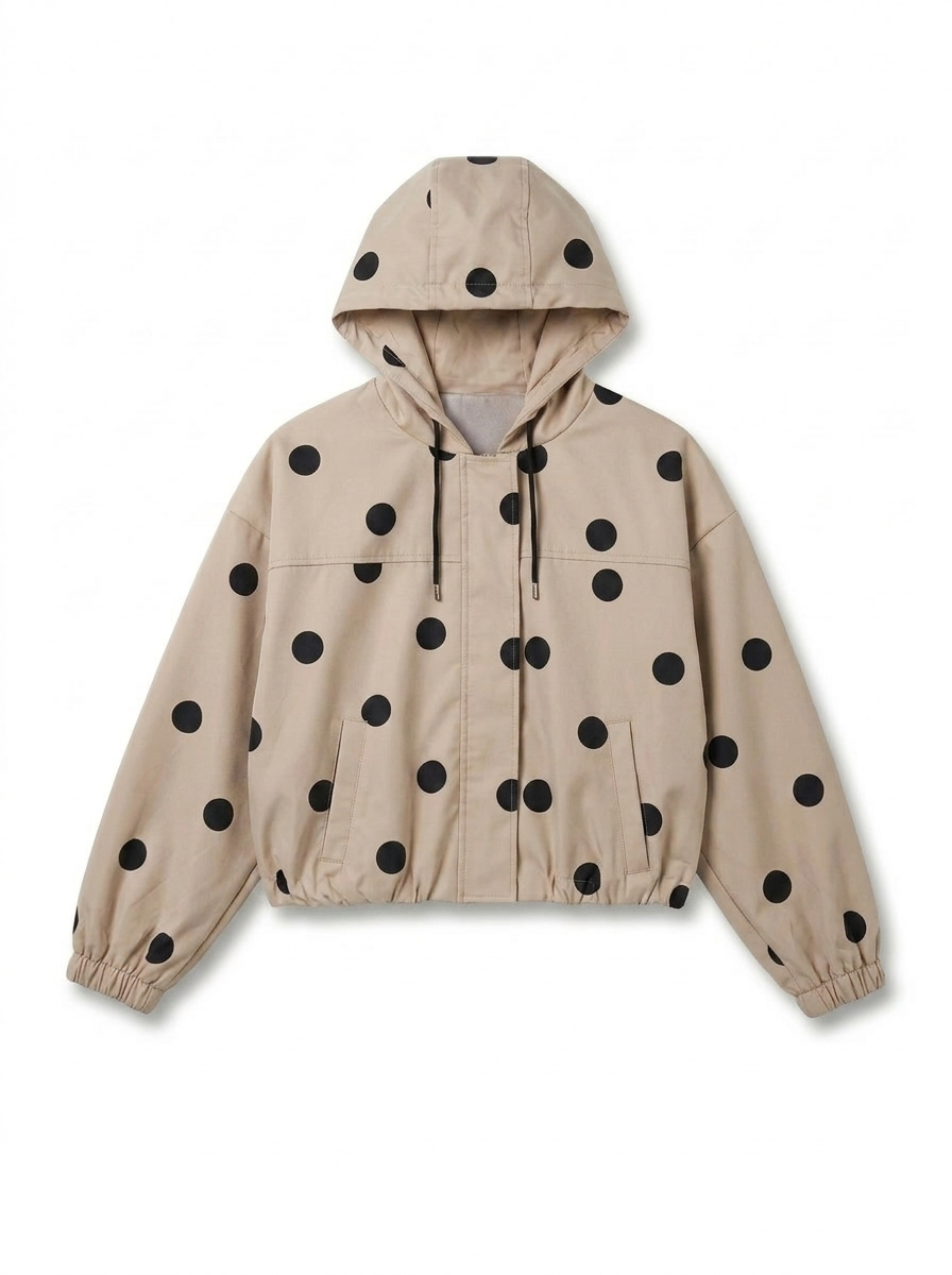 Megan Cropped Polka Dot Hooded Jacket – Beige & Black