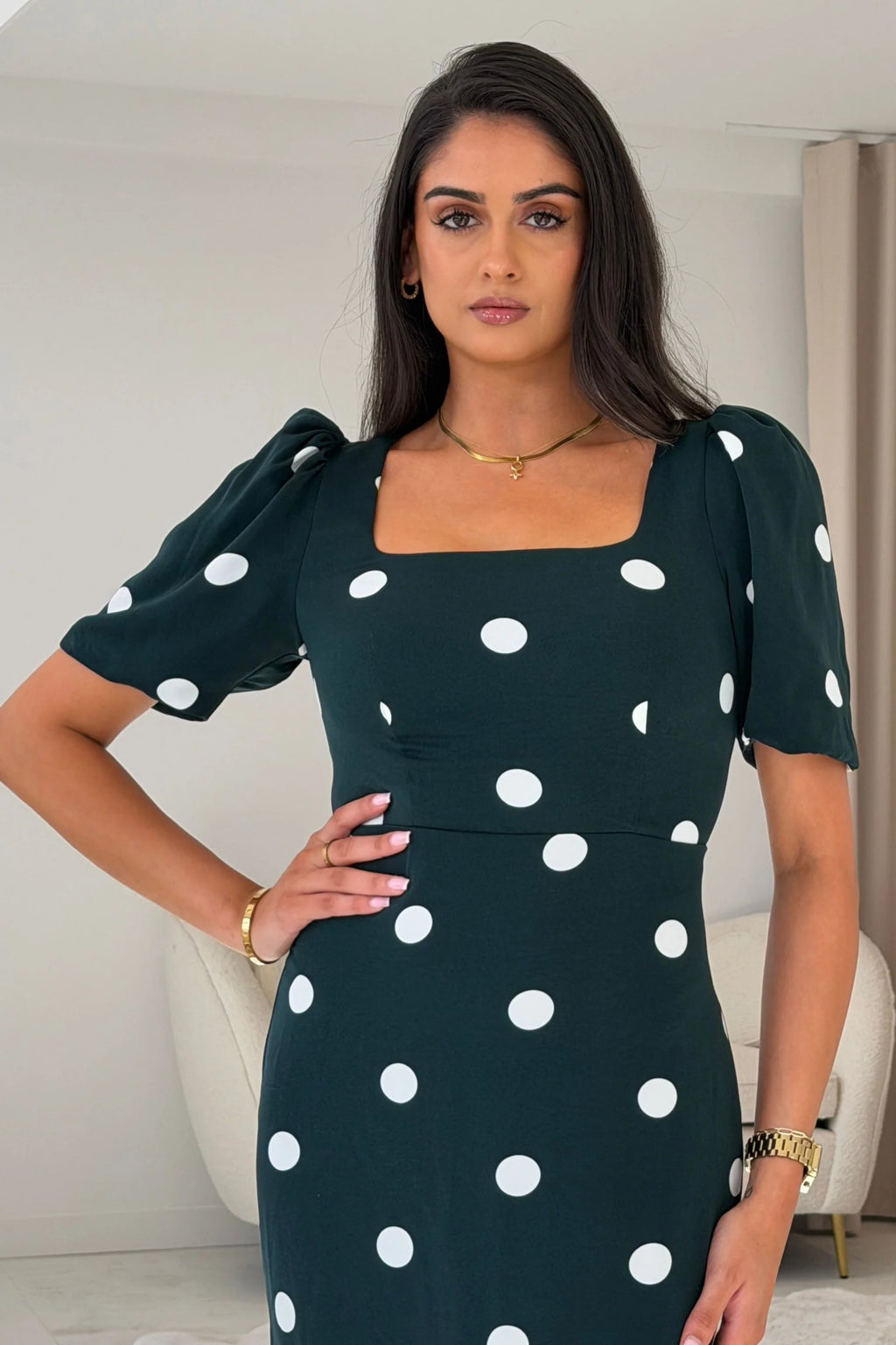Jennifer Girl in Mind Green & White Polka Dot Midi Dress
