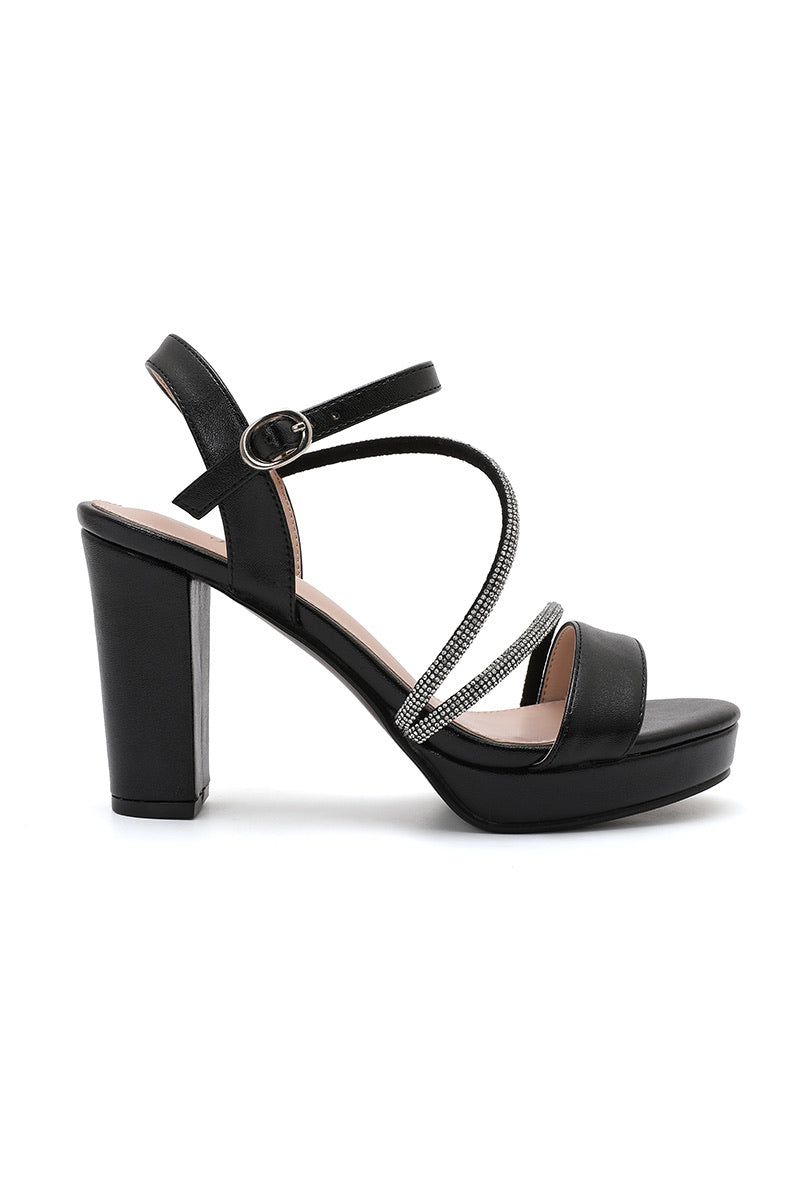 Dani Diamanté Platform Block Heel Sandal - Black