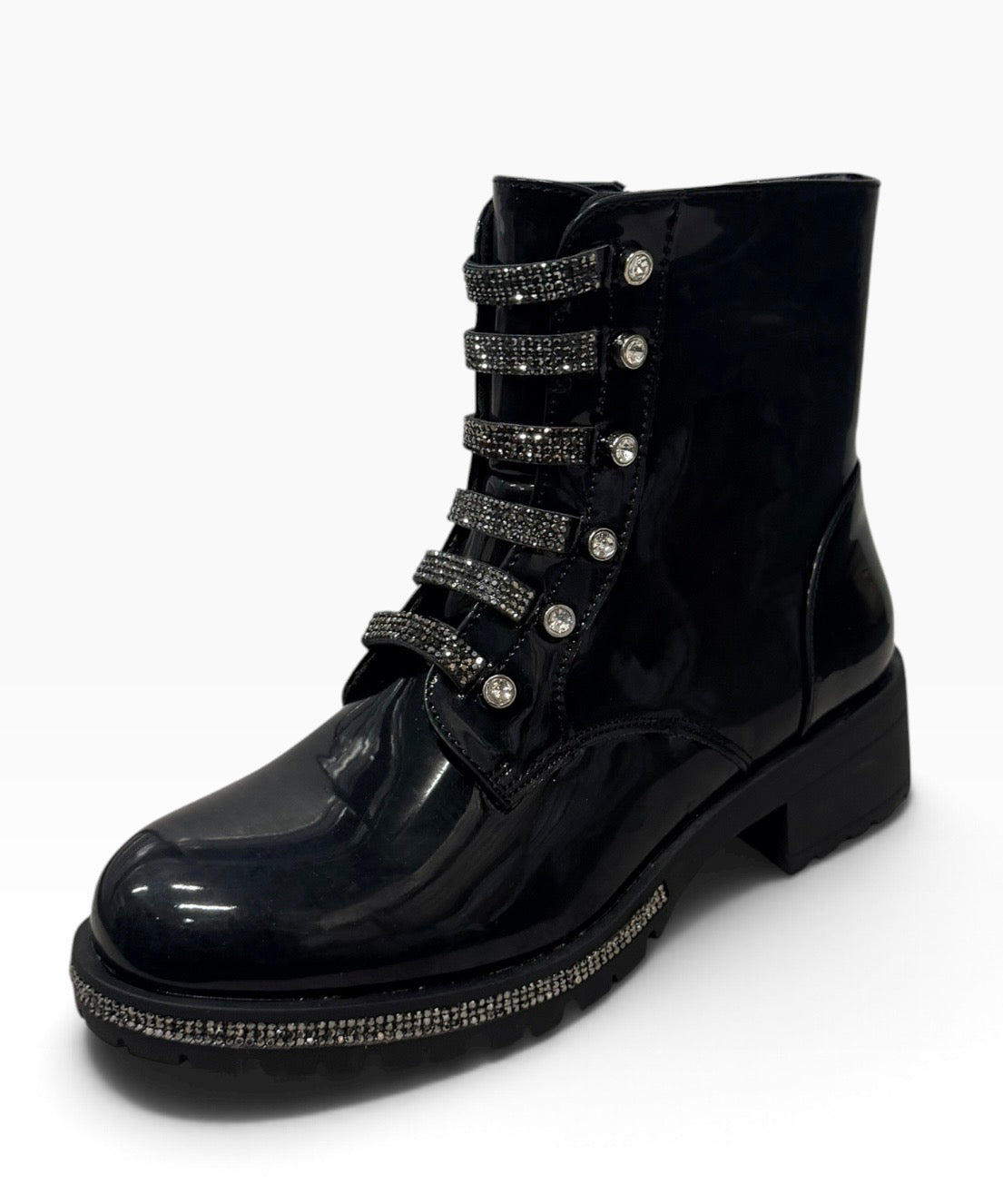Emily Black Patent Diamanté Ankle Boots with Chunky Sole