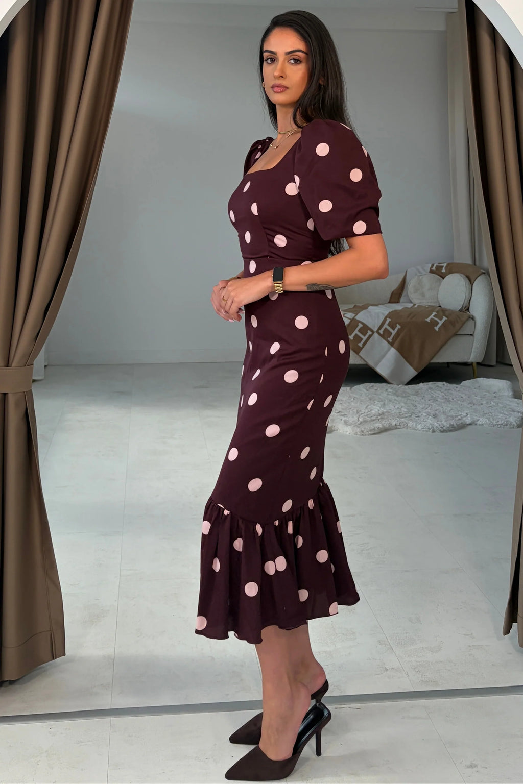 Jennifer Girl in Mind Wine Polka Dot Midi Dress