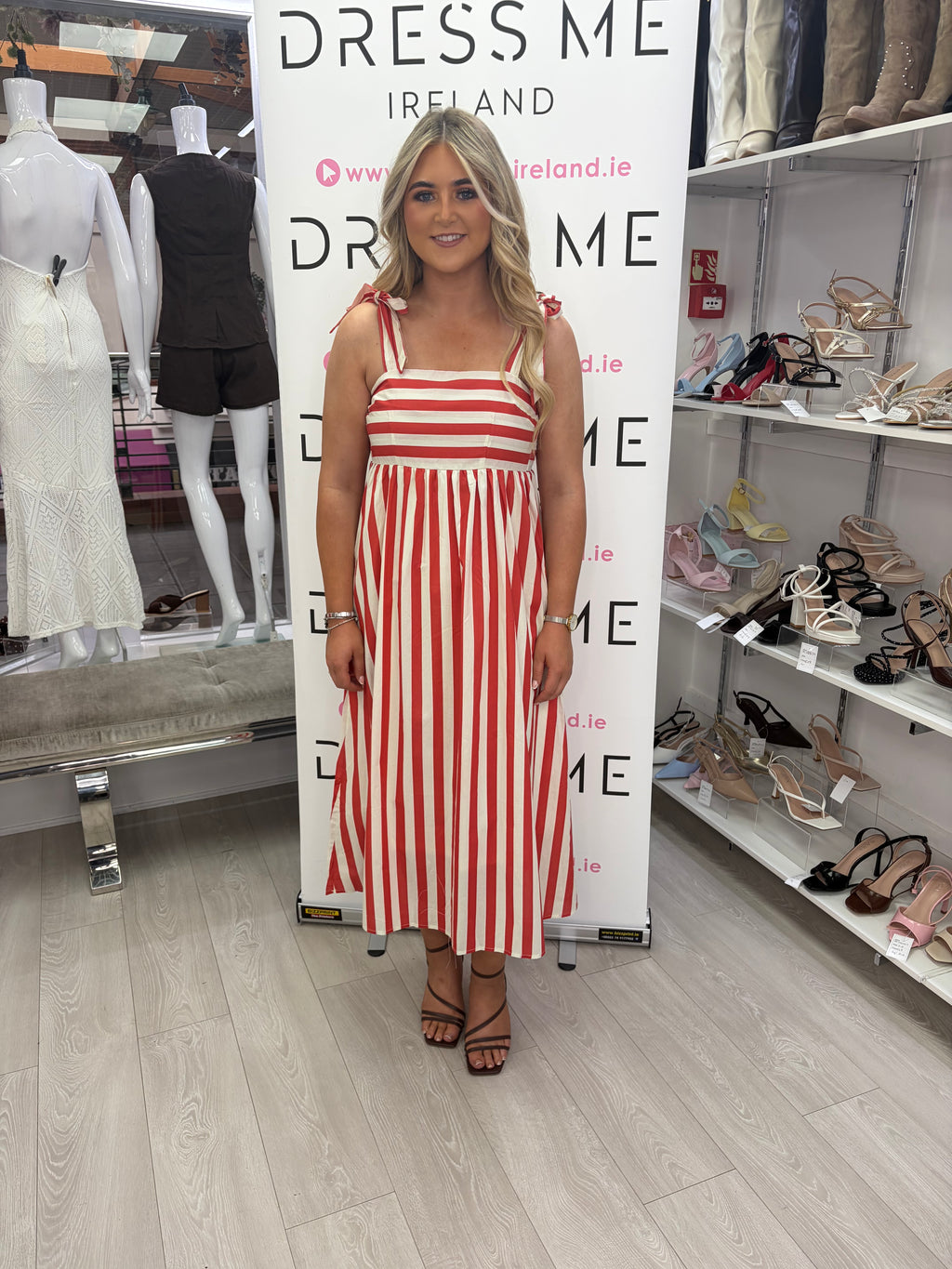 Bree Dress – Red Stripe Tie Strap Midi Dress