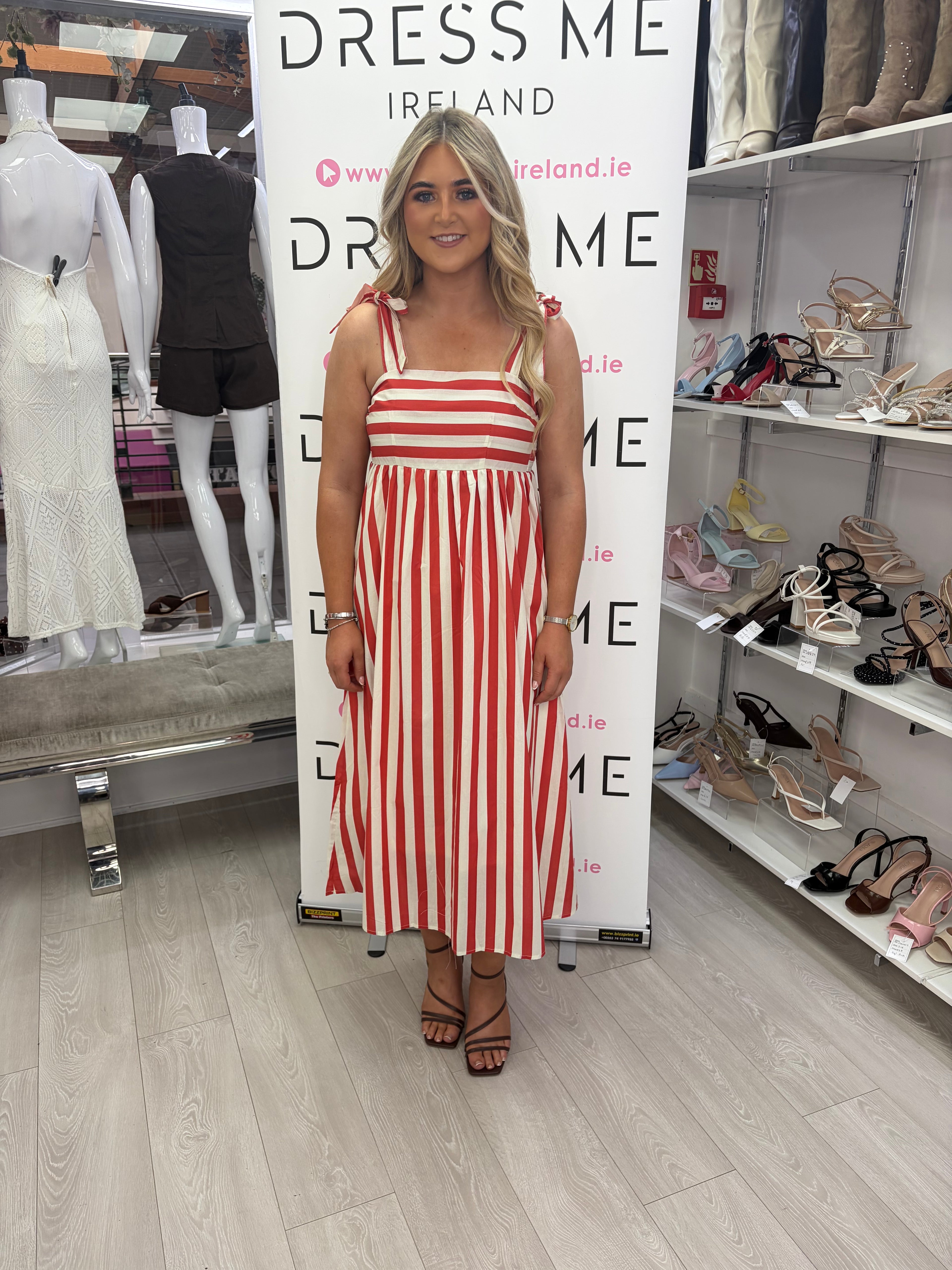 Bree Dress – Red Stripe Tie Strap Midi Dress