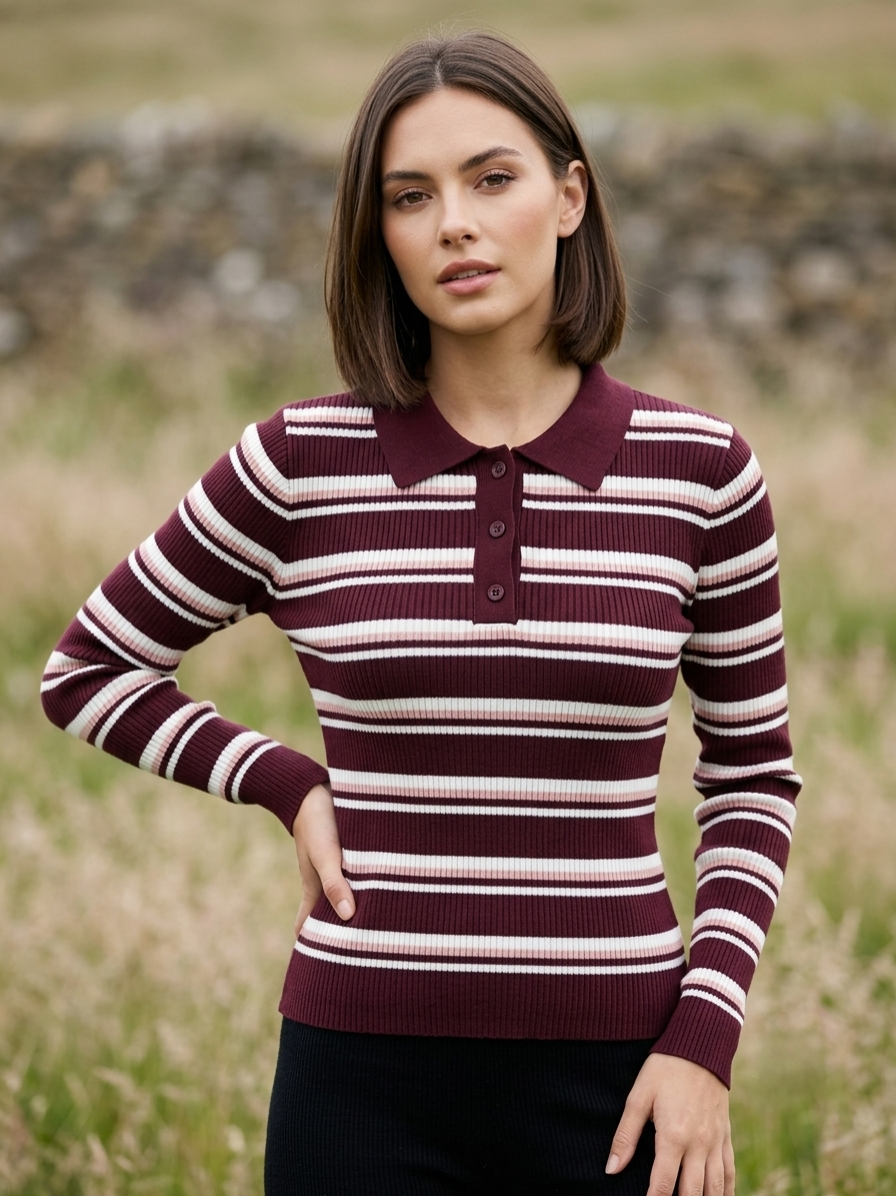 Sienna Striped Ribbed Polo Knit - Burgundy