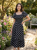 Monroe Dress – Polka Dot Shirred Midi Dress - Black