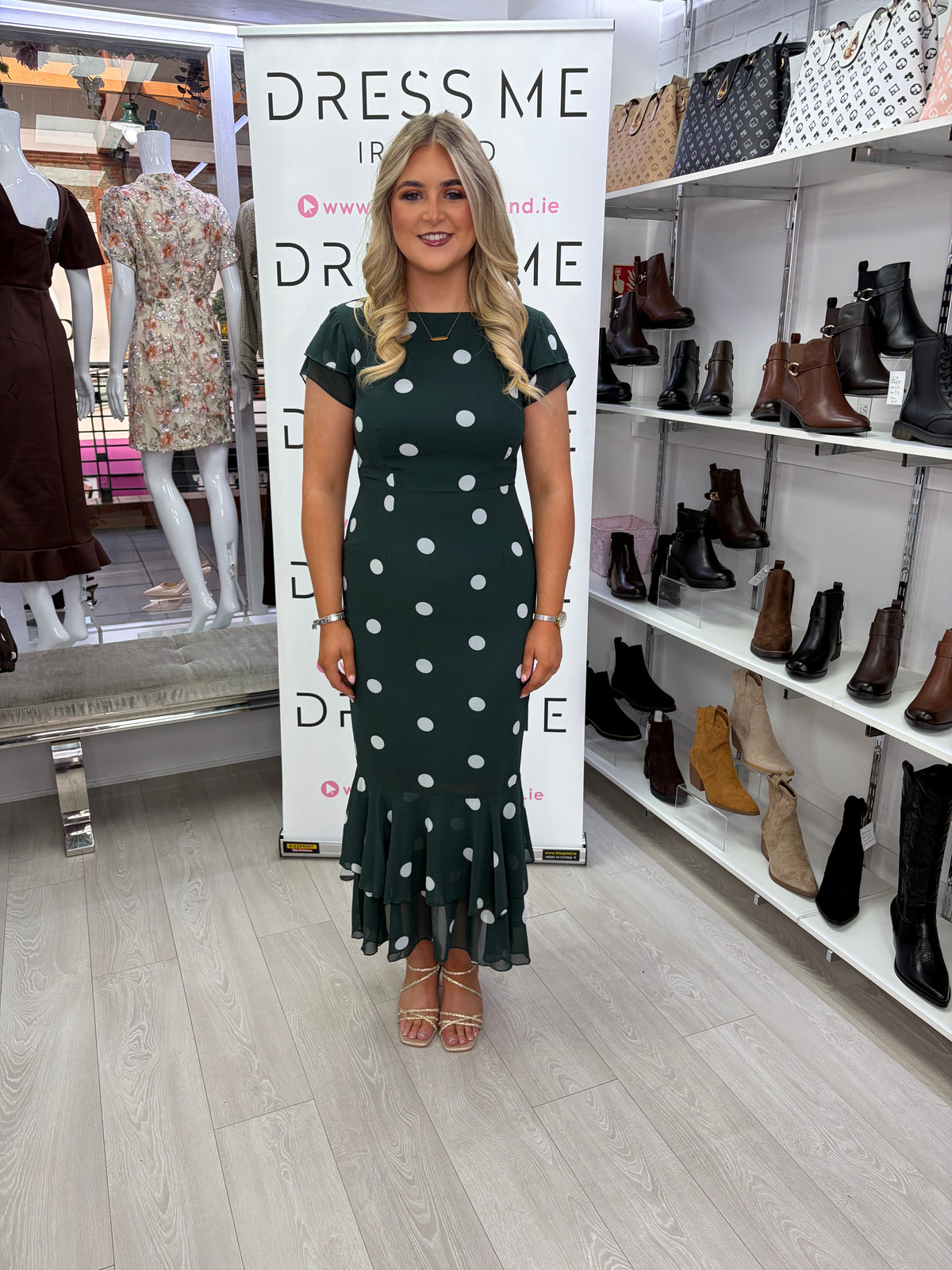 Roxy Girl in Mind Green Polka Dot Frill Midi Dress