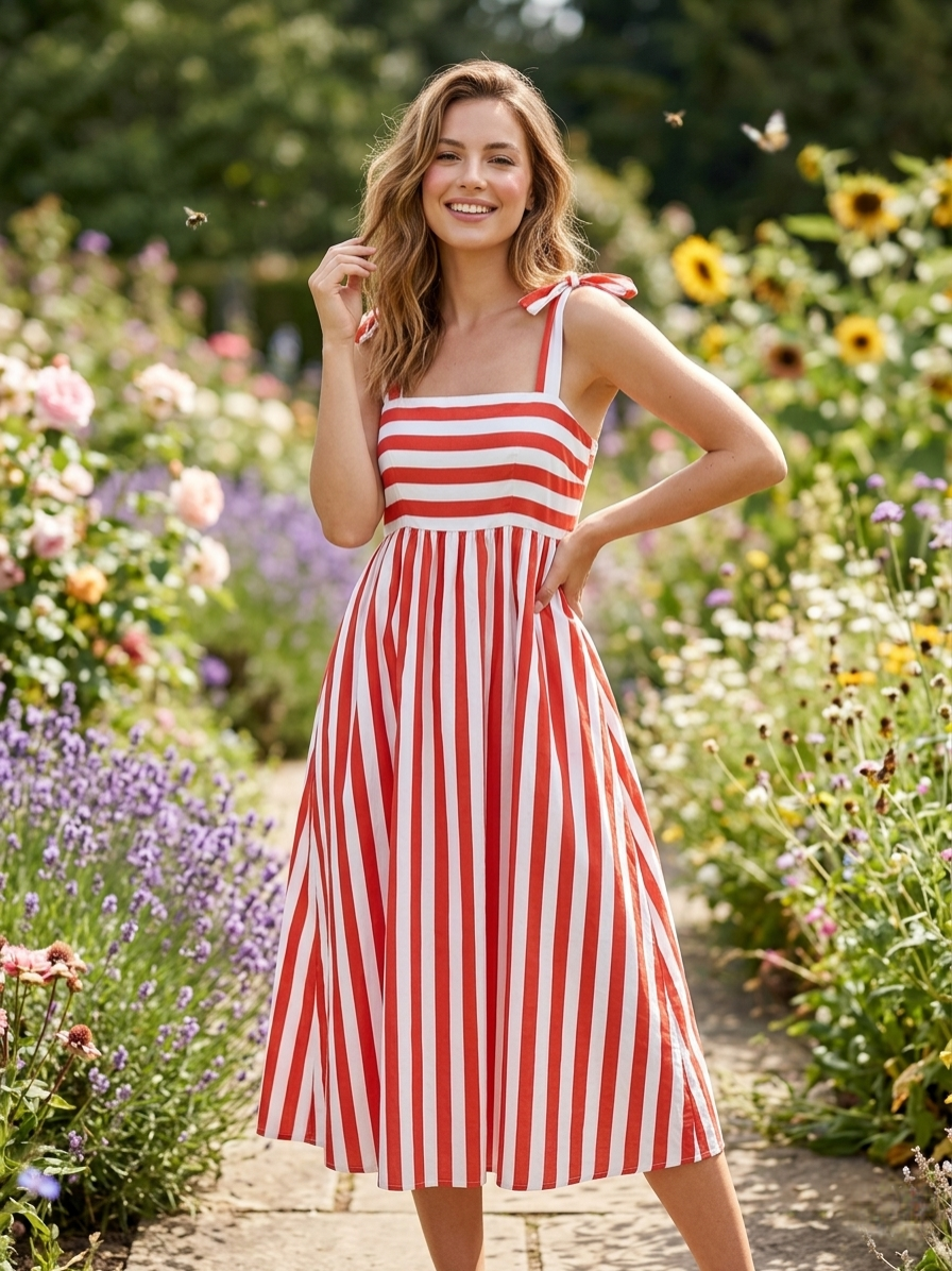 Bree Dress – Red Stripe Tie Strap Midi Dress
