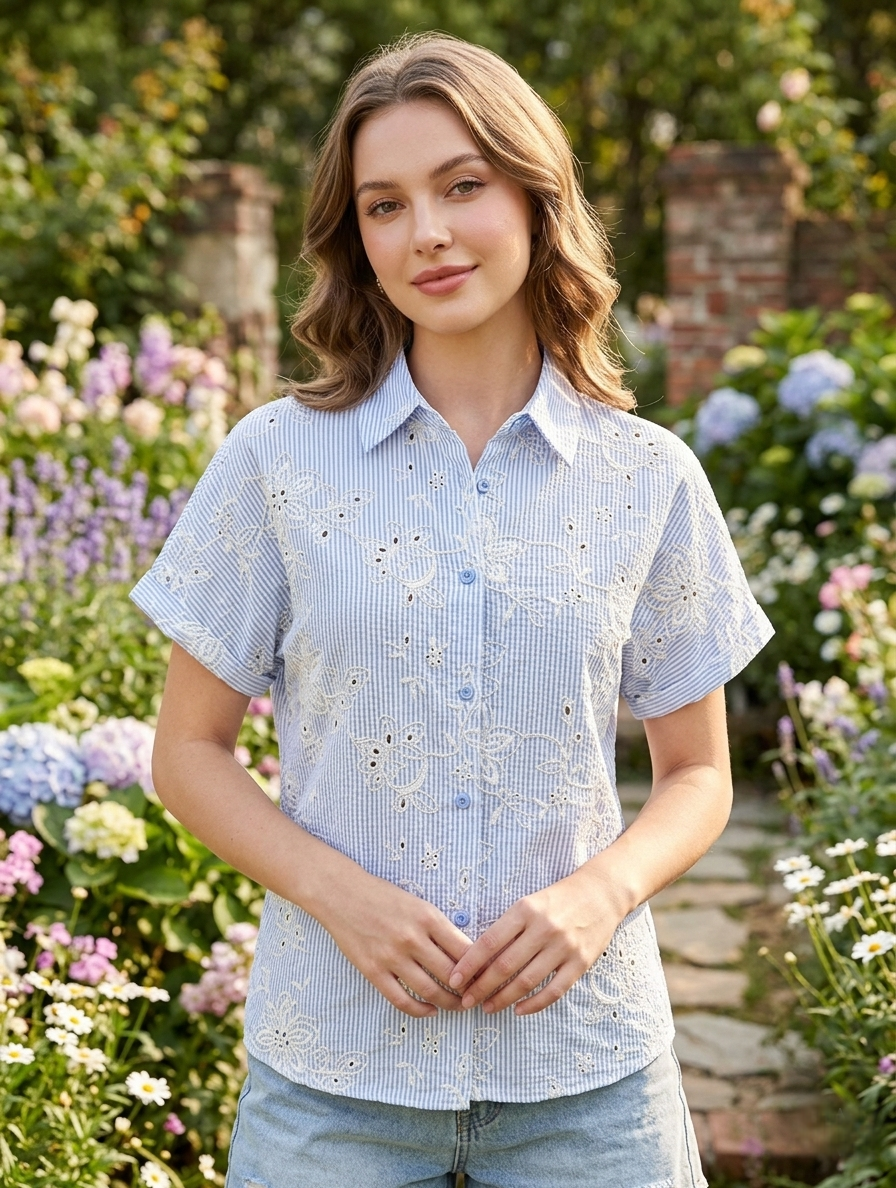 Remi Shirt – Embroidered Stripe Blue Shirt