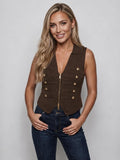 Gráinne Military Zip Waistcoat Top - Brown