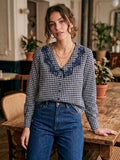 Sienna Navy Gingham Embroidered Blouse