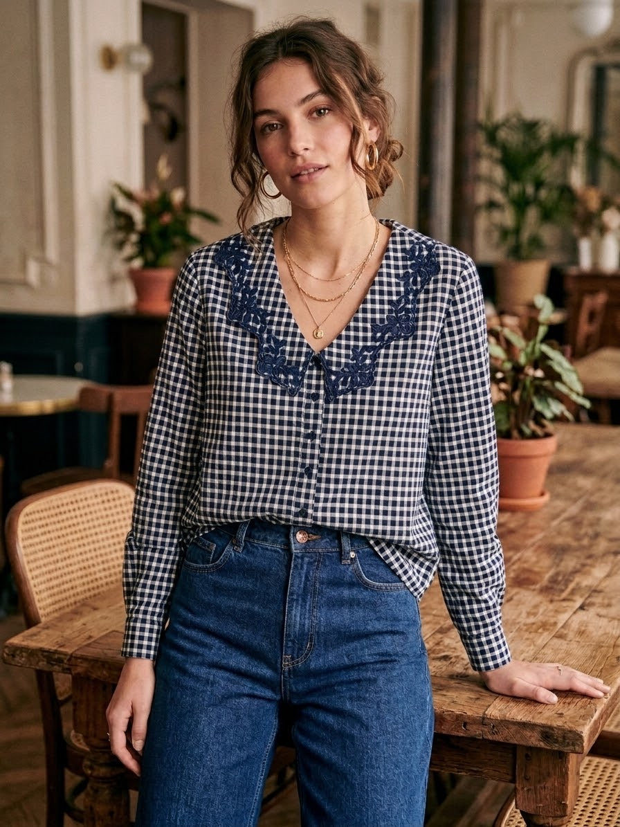 Sienna Navy Gingham Embroidered Blouse